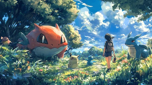 Trainer and fantasy creatures traverse luminous forest meadow
