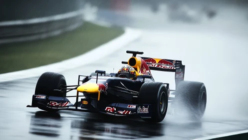 Red Bull Formula car powers through wet circuit corner.