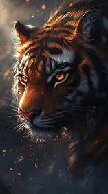 Tiger head rendered in dramatic lighting with embers