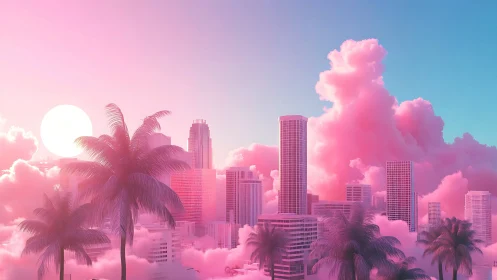 Neon sunset city skyline under cotton candy clouds glow.