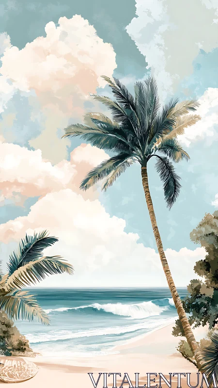 Vertical seascape illustrates stylized palm trees and layered clouds