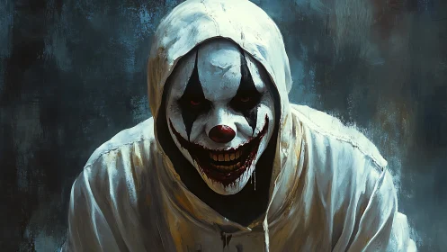 Sinister hooded clown leans forward under cold blue light