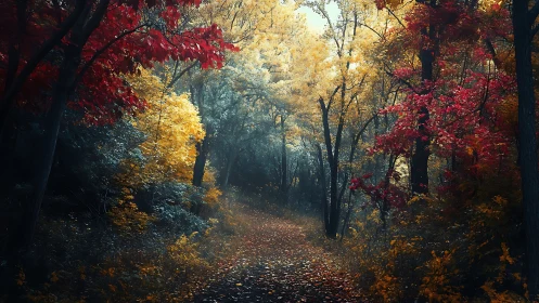Autumn Forest Path Through Vibrant Fall Foliage.
