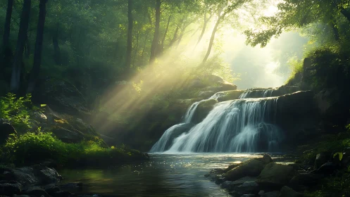 Sunlit forest waterfall offering a quiet, healing escape.