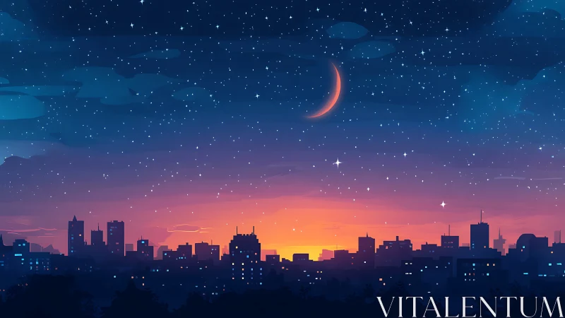 City skyline under crescent moon and radiant twilight sky.