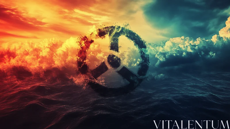 Peace symbol divides fiery sky and cool ocean horizon.
