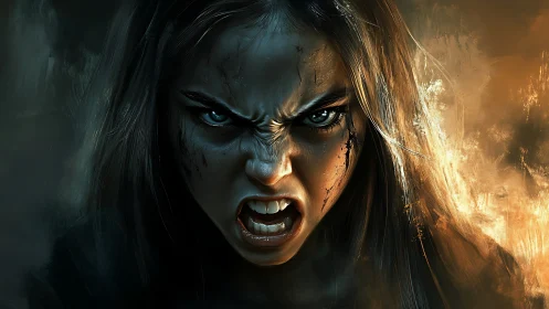 Fierce warrior scream ignites molten cinematic portrait.