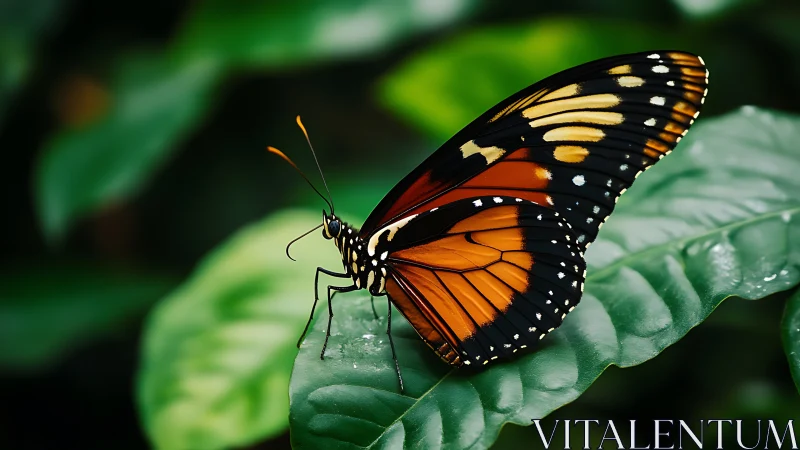 Vibrant orange butterfly rests on lush tropical foliage