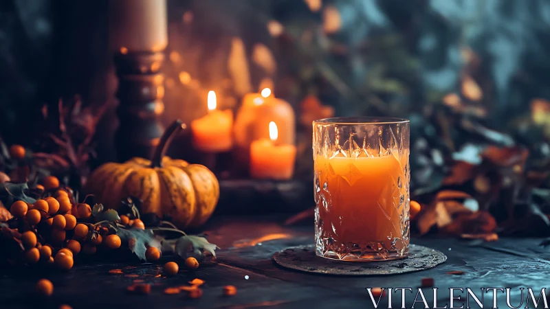 Glass of orange drink with candles and pumpkin on table.