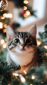 Tabby cat sits among Christmas tree lights and branches