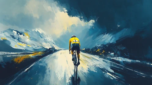 Cyclist Racing Through Alpine Mountain Valley Landscape.