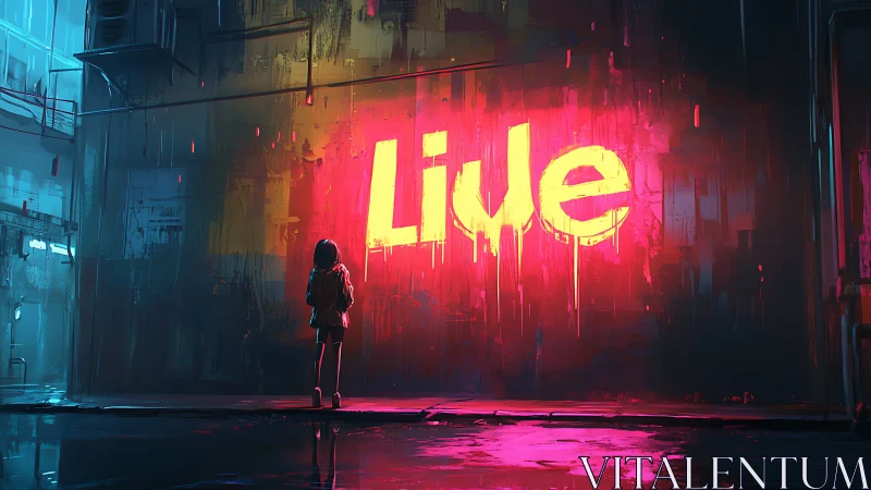 Neon live graffiti glows over lone figure in alley.