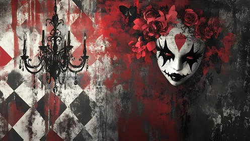 Digital painting of gothic harlequin mask and baroque chandelier.