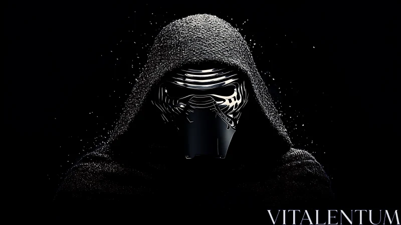 Hooded chromed mask in high contrast particulate darkness.