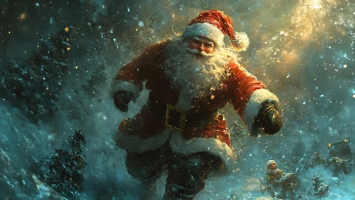 Santa figure moving through illuminated winter landscape.