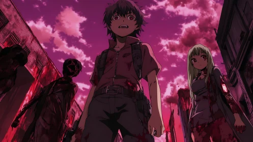 Bloodied anime survivors confront a ruined city at dusk