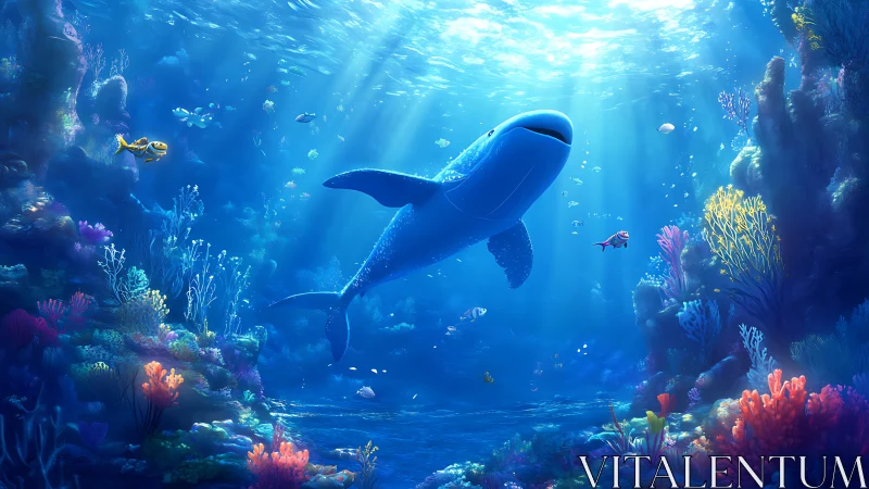 Gentle whale glides through sunlit coral reef in tranquil depth