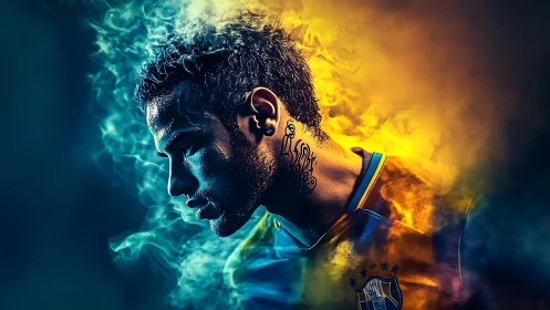 Focused footballer emerges through electric smoke and light