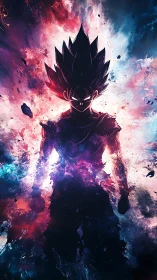 Cosmic anime warrior silhouette ignites explosive nebula