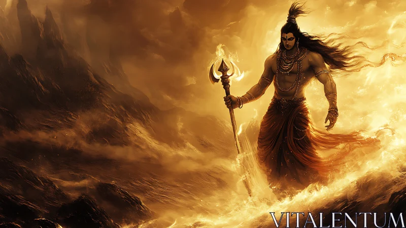 Mythic warrior strides through blazing golden storm.