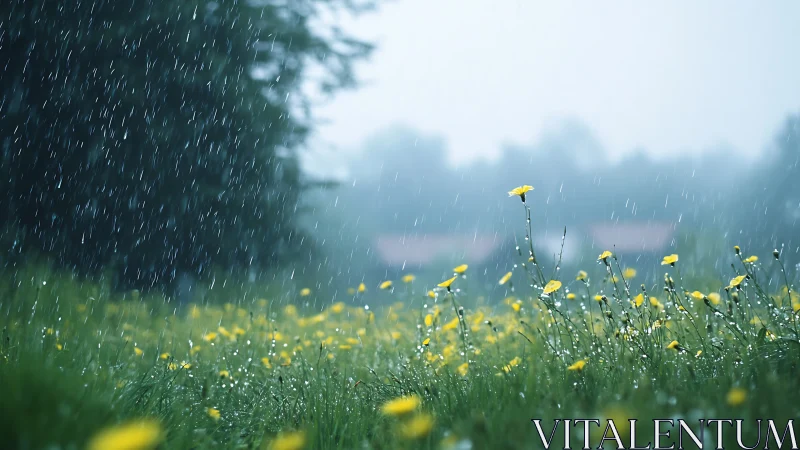 Yellow wildflowers in gentle rainfall over soft meadow.
