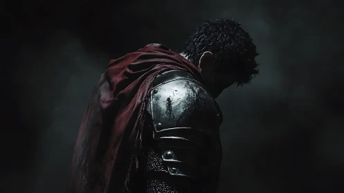 Brooding armored warrior under shadowed crimson cloak.