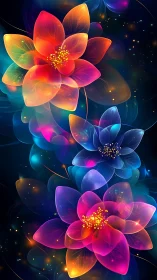 Neon luminous blossoms form a vertical cascade on deep space