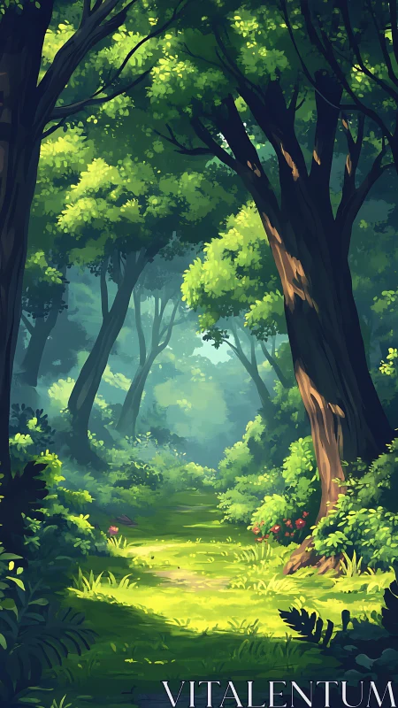 Luminous forest clearing with towering trees and dappled light