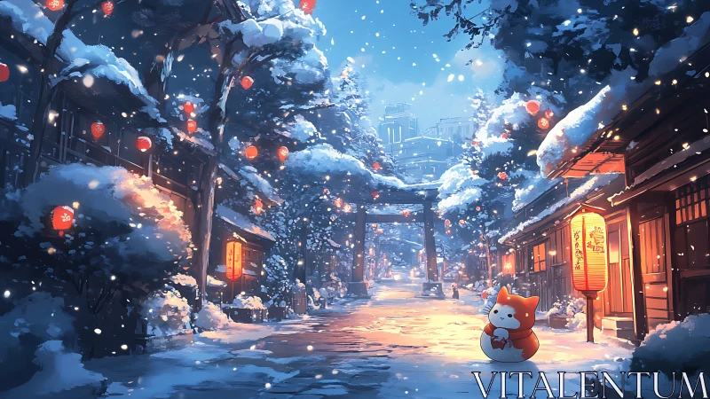 Snowy lantern street with fox mascot under winter dusk glow.
