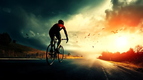 Solitary Cyclist Navigating Rural Asphalt Infrastructure at Golden Hour.