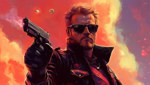 Neon gunslinger under molten skies of electric dusk.