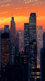 Digital painting of high-rise city skyline at sunset glow.