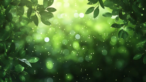 Luminescent Green Foliage with Bokeh Particles.