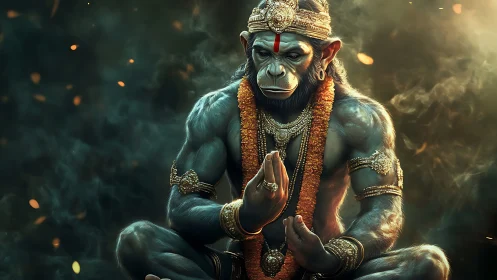 Divine monkey figure in meditative pose with ornaments.