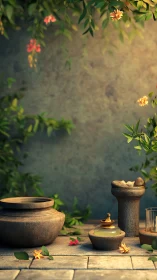 Sunlit garden corner celebrates rustic pots and soft flowers