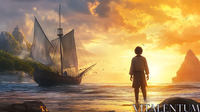 Backlit shorebound figure studying medieval sailing vessel at sunset