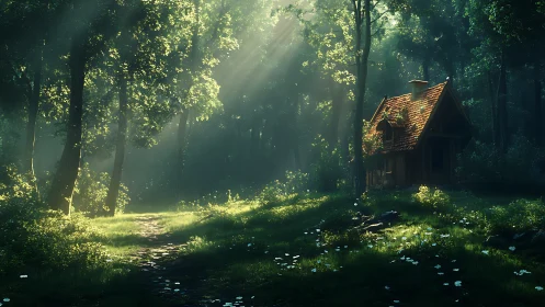 Cottage in misty forest with golden sunlight rays