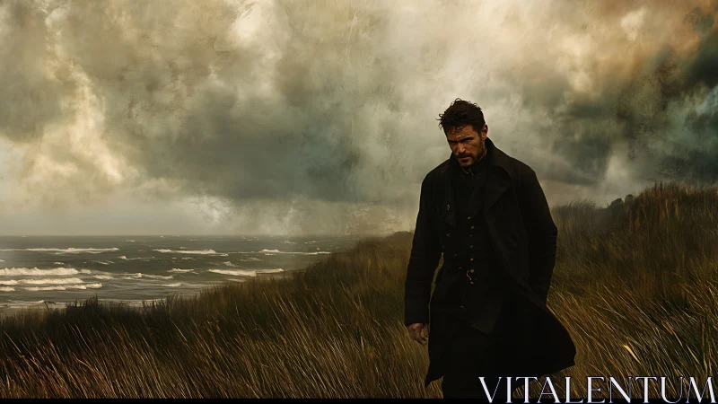 Solitary wanderer crossing storm-lashed coastal grasslands.