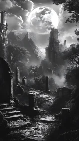 Moonlit ruins breathe beneath a haunted mountain sky.