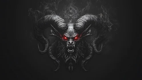 Glowing red-eyed demon skull emerges from swirling dark smoke