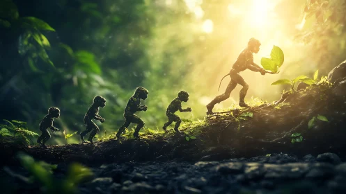 Leaf-carrying primate silhouettes ascend sunlit forest log