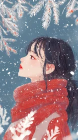 Profile portrait in drifting snowfall with saturated red textile.