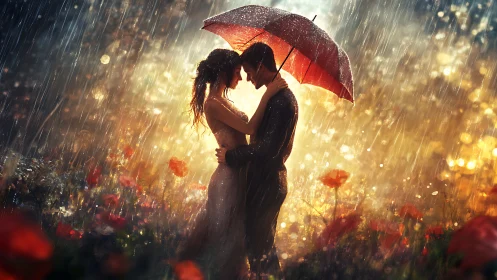 Two Hearts Dancing in the Rain Under a Crimson Umbrella.