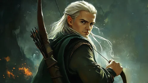 Elf archer turns in forest battlefield with drawn bow