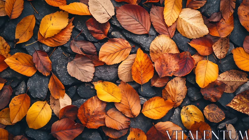 Autumn leaves rest on dark river stones in rich contrast.