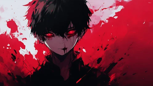 Bloodlit anime antihero with glowing crimson eyes portrait.