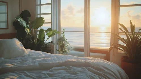 Sunlit ocean bedroom where houseplants guard soft dreams.