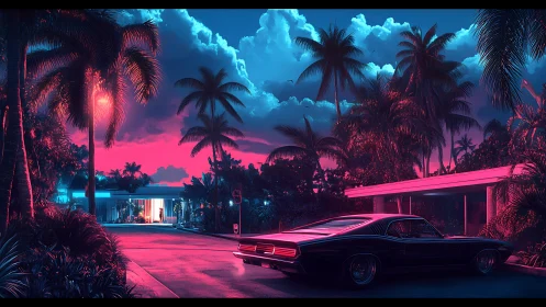 Neon dusk muscle car prowls a synthwave tropical motel.