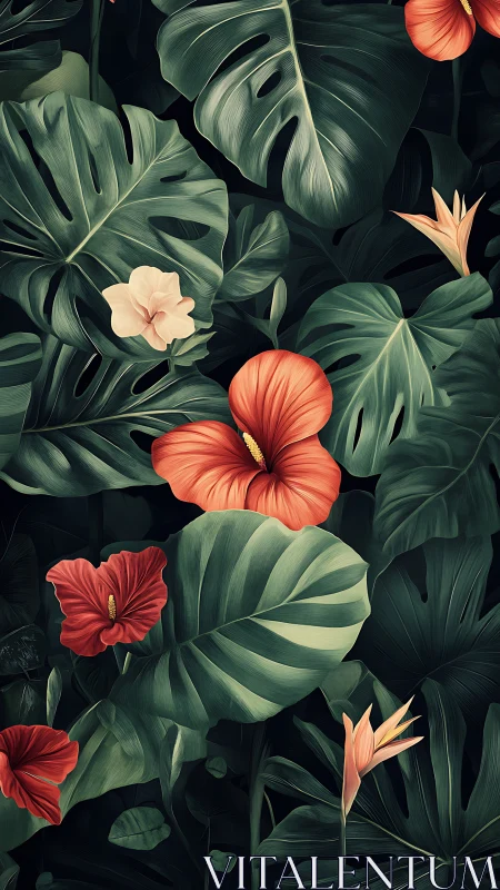 Tropical Paradise: Vibrant Hibiscus and Monstera Botanical Art