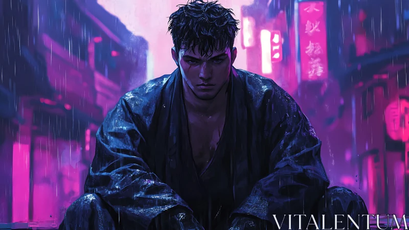 Brooding warrior sits in neon-soaked cyberpunk rainstorm.